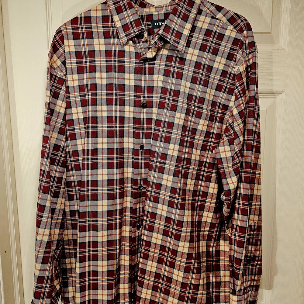 Orvis Men's Burgundy and Cream Plaid Shirt, Business Casual, XL